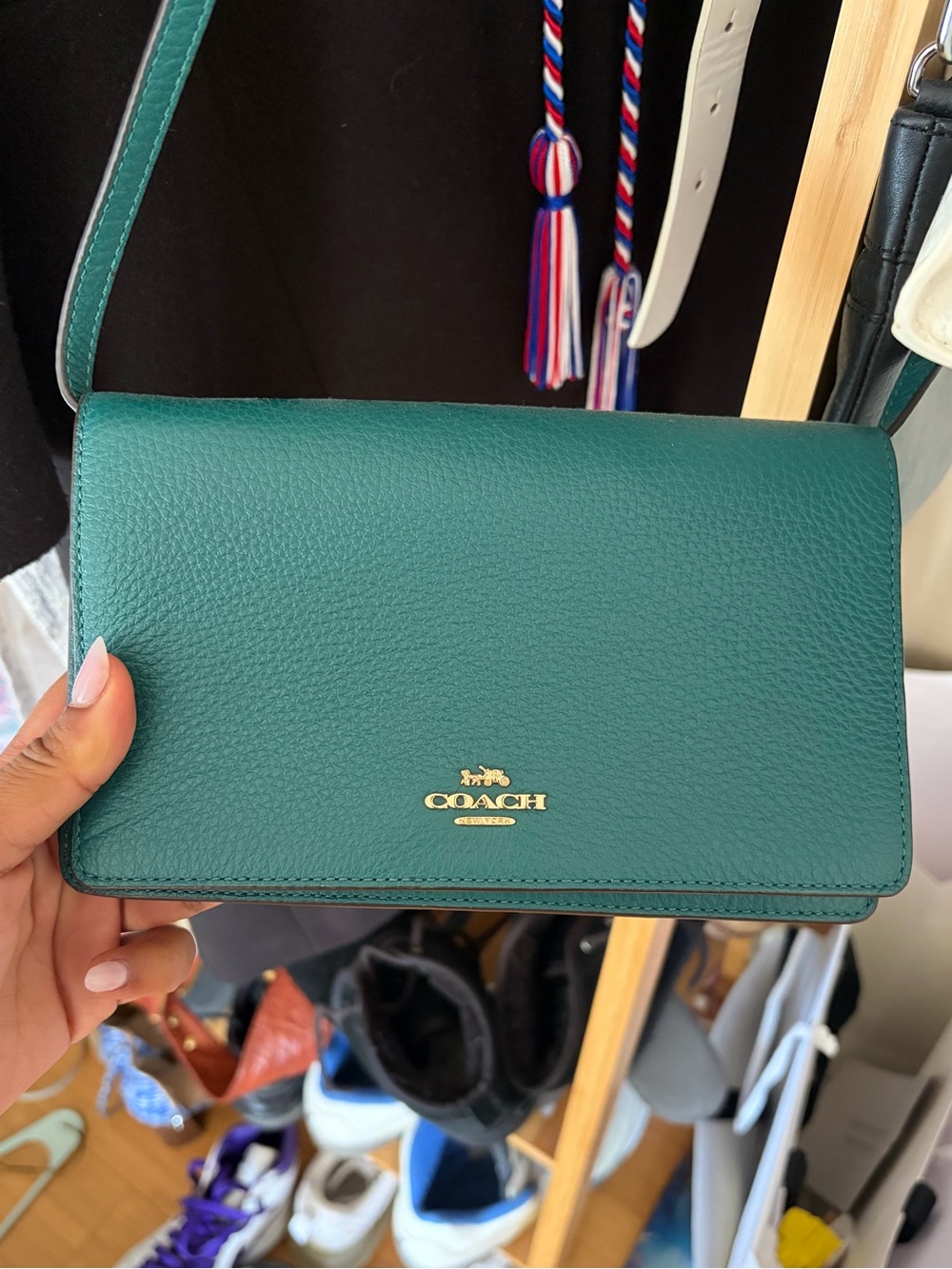 Coach Pebbled Leather Crossbody in Teal Green with Gold Logo